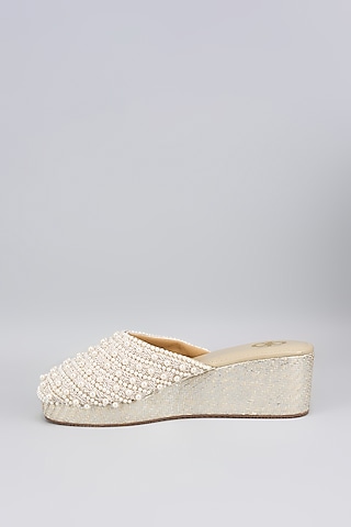 White Silk & Wood Pearl Hand Embellished Mules by Kkarma Accessories