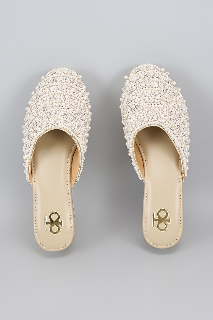 White Silk & Wood Pearl Hand Embellished Mules by Kkarma Accessories at Pernia's Pop Up Shop
