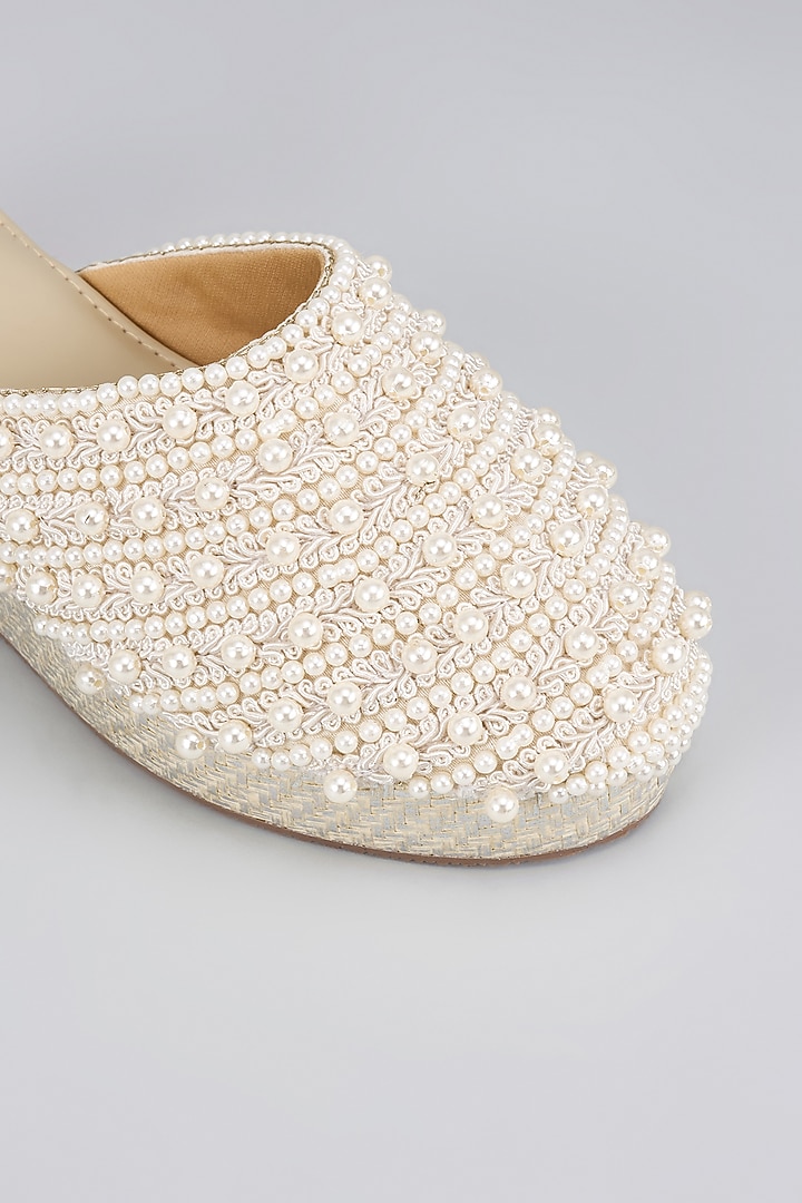 White Silk & Wood Pearl Hand Embellished Mules by Kkarma Accessories at Pernia's Pop Up Shop