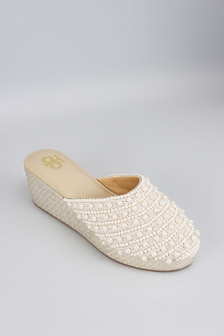 White Silk & Wood Pearl Hand Embellished Mules by Kkarma Accessories at Pernia's Pop Up Shop