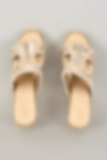 Gold Silk & Wood Embroidered Slip-On Heels by Kkarma Accessories at Pernia's Pop Up Shop