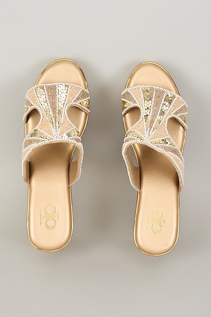 Gold Silk & Wood Embroidered Slip-On Heels by Kkarma Accessories at Pernia's Pop Up Shop