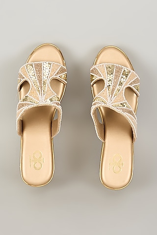 Gold Silk & Wood Embroidered Slip-On Heels by Kkarma Accessories