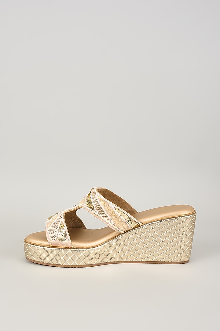 Gold Silk & Wood Embroidered Slip-On Heels by Kkarma Accessories at Pernia's Pop Up Shop