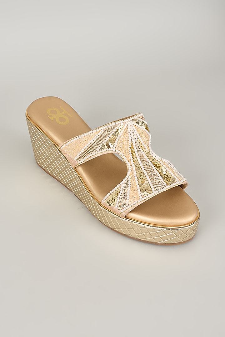 Gold Silk & Wood Embroidered Slip-On Heels by Kkarma Accessories at Pernia's Pop Up Shop