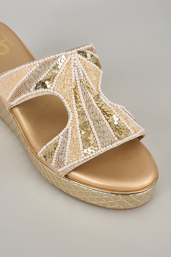 Gold Silk & Wood Embroidered Slip-On Heels by Kkarma Accessories at Pernia's Pop Up Shop