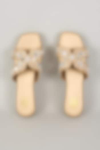 Gold Silk & Wood Mirror Embellished Cross-Strap Heels by Kkarma Accessories at Pernia's Pop Up Shop