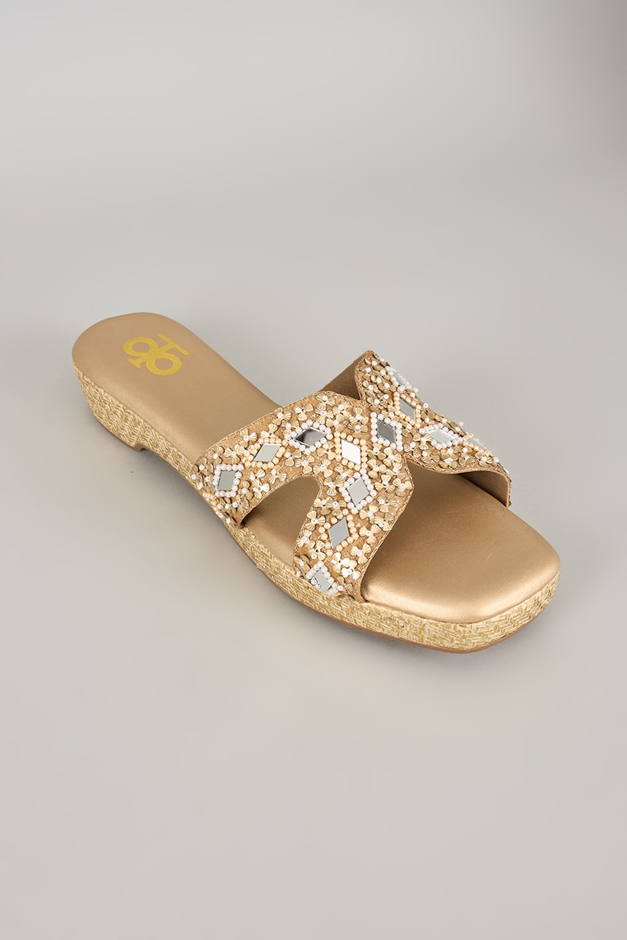 Gold Silk Wood Mirror Embellished Cross-Strap Heels by Kkarma Accessories  at Pernia's Pop Up Shop