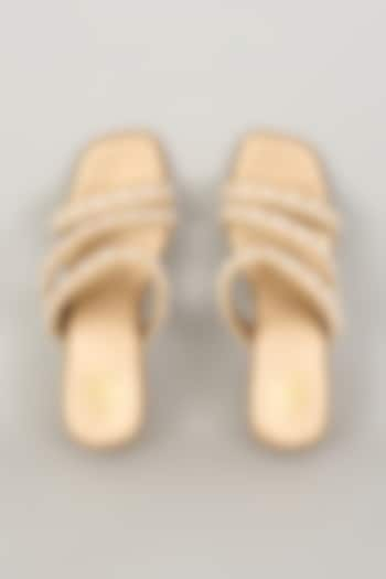 Gold & White Wood Pearl Embellished Slip-On Heels by Kkarma Accessories at Pernia's Pop Up Shop