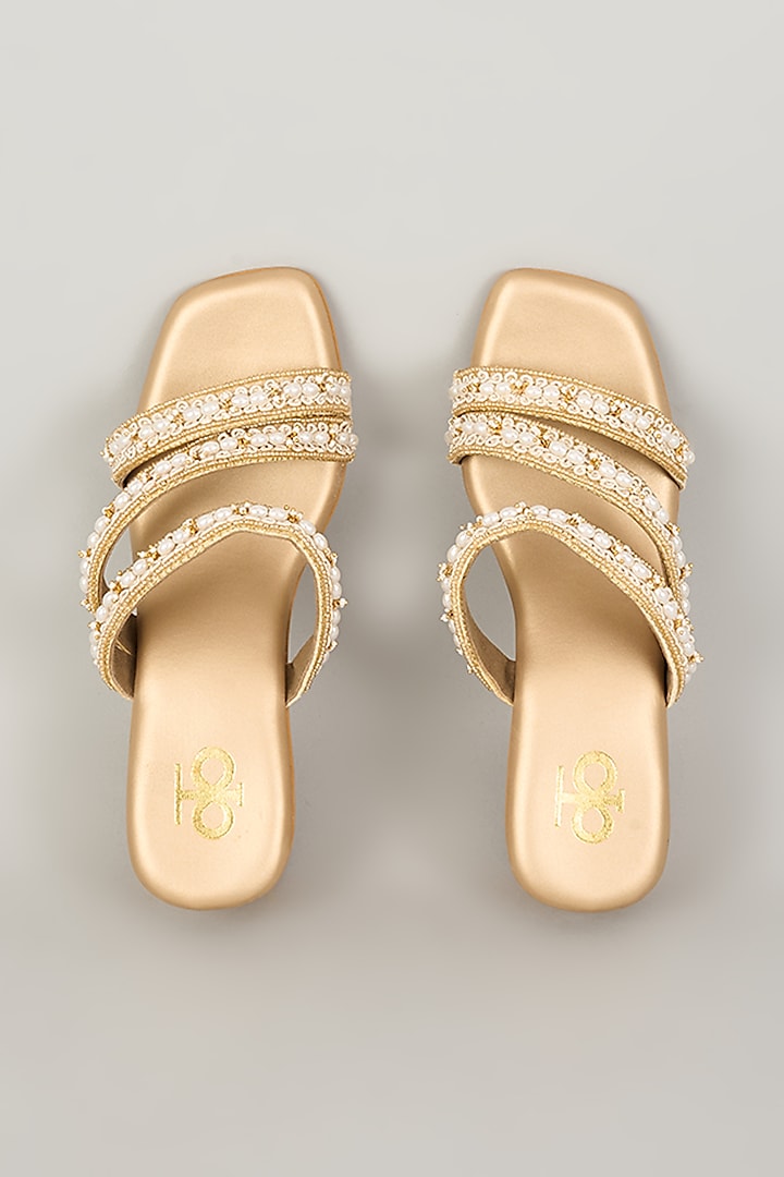 Gold & White Wood Pearl Embellished Slip-On Heels by Kkarma Accessories at Pernia's Pop Up Shop