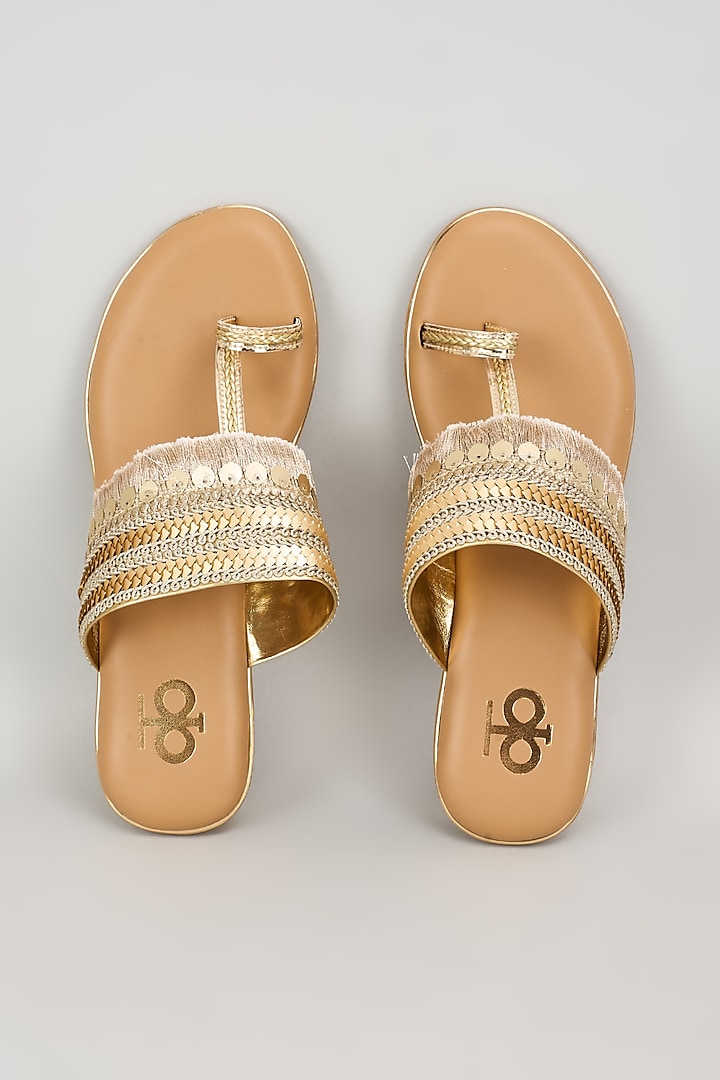 Gold Silk & Wood Thread Work Kolhapuri Flats by Kkarma Accessories