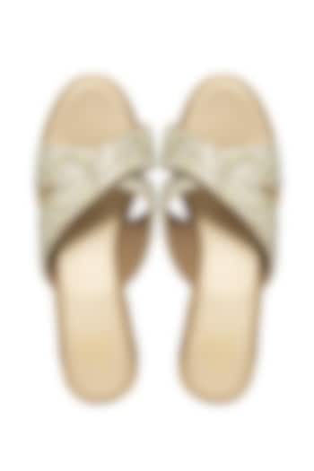 Gold Silk & Wood Sequin Embellished Platform Wedges by Kkarma Accessories at Pernia's Pop Up Shop