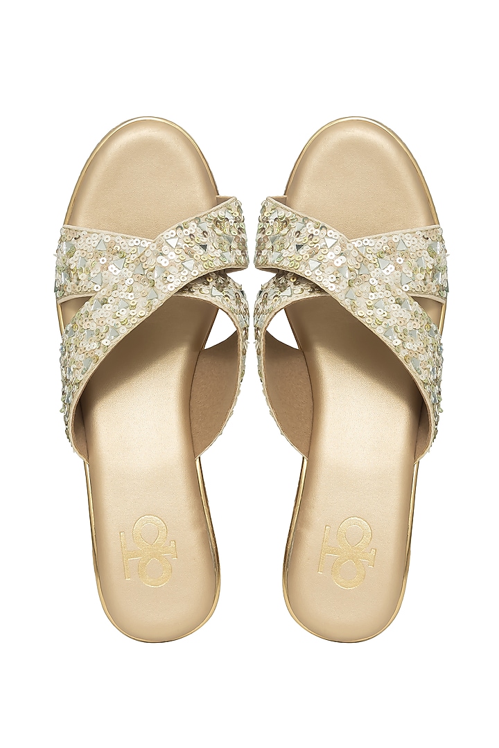 Gold Silk & Wood Sequin Embellished Platform Wedges by Kkarma Accessories at Pernia's Pop Up Shop