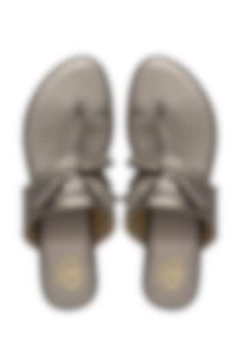 Metallic Silver Silk & Wood Kolhapuri Wedges by Kkarma Accessories at Pernia's Pop Up Shop