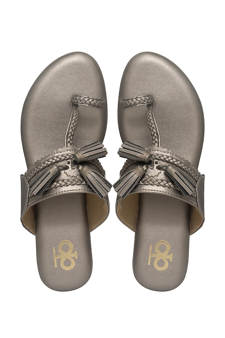 Metallic Silver Silk & Wood Kolhapuri Wedges by Kkarma Accessories at Pernia's Pop Up Shop