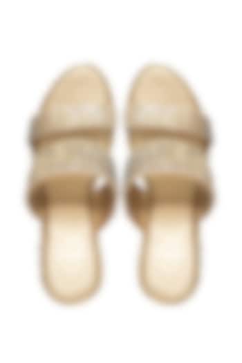 Gold Silk & Wood Sequin Work Block Heels by Kkarma Accessories at Pernia's Pop Up Shop