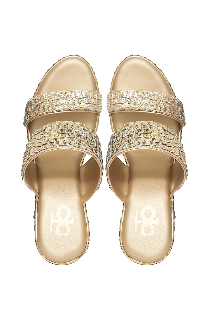 Gold Silk & Wood Sequin Work Block Heels by Kkarma Accessories at Pernia's Pop Up Shop