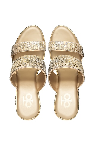 Gold Silk & Wood Sequin Work Block Heels by Kkarma Accessories