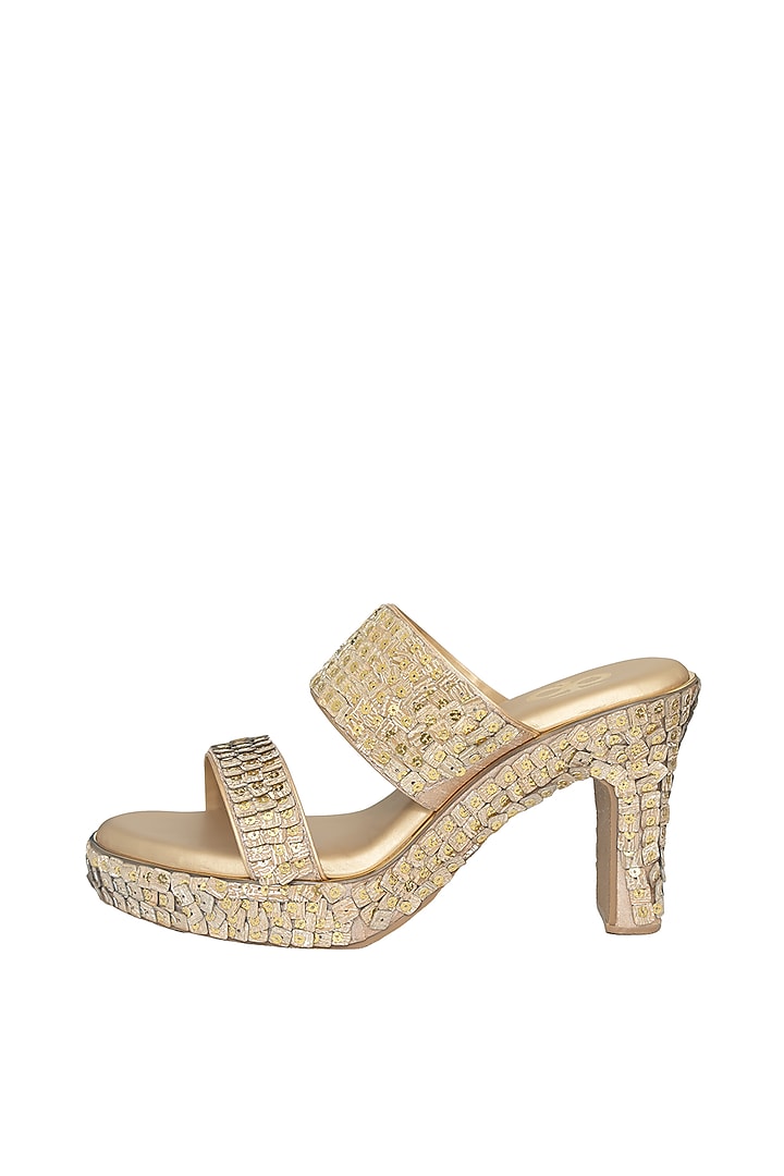 Gold Silk & Wood Sequin Work Block Heels by Kkarma Accessories at Pernia's Pop Up Shop