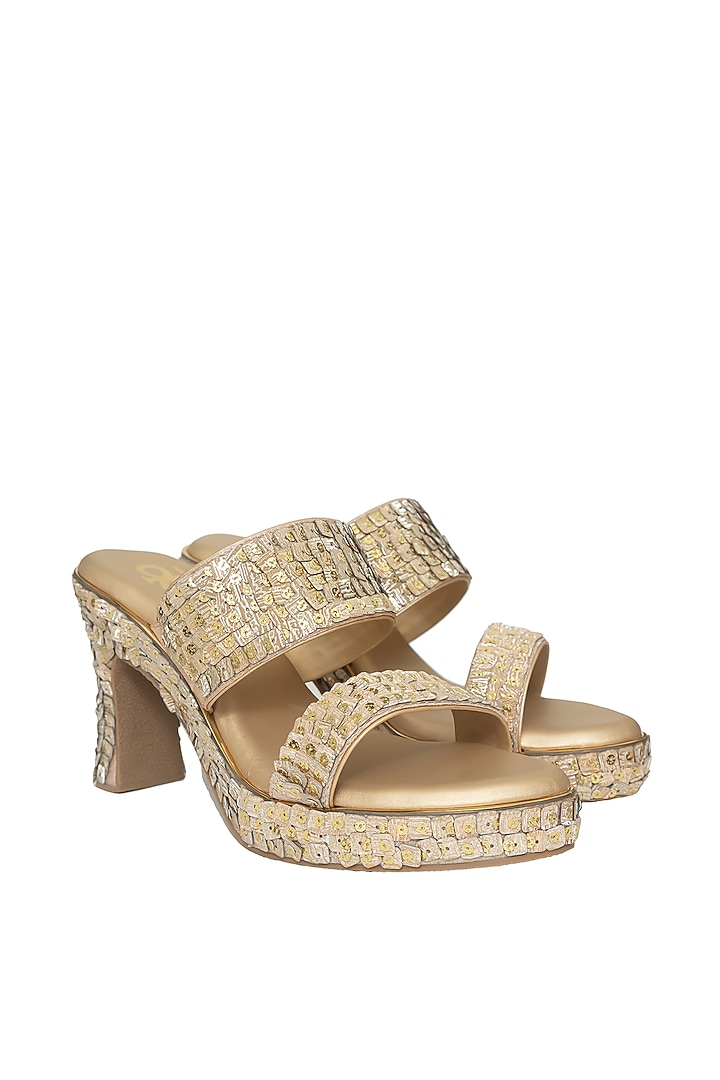 Gold Silk & Wood Sequin Work Block Heels by Kkarma Accessories at Pernia's Pop Up Shop
