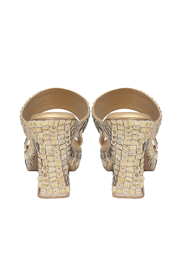 Gold Silk & Wood Sequin Work Block Heels by Kkarma Accessories at Pernia's Pop Up Shop