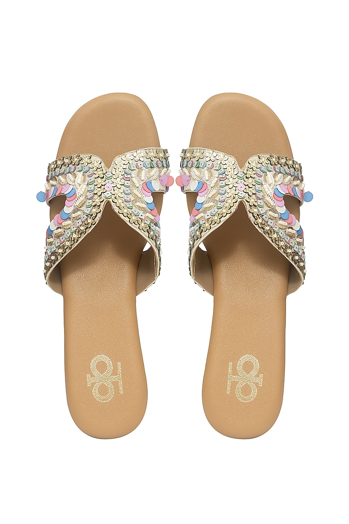 Multi-Colored Silk & Wood Sequin Work Wedges by Kkarma Accessories at Pernia's Pop Up Shop