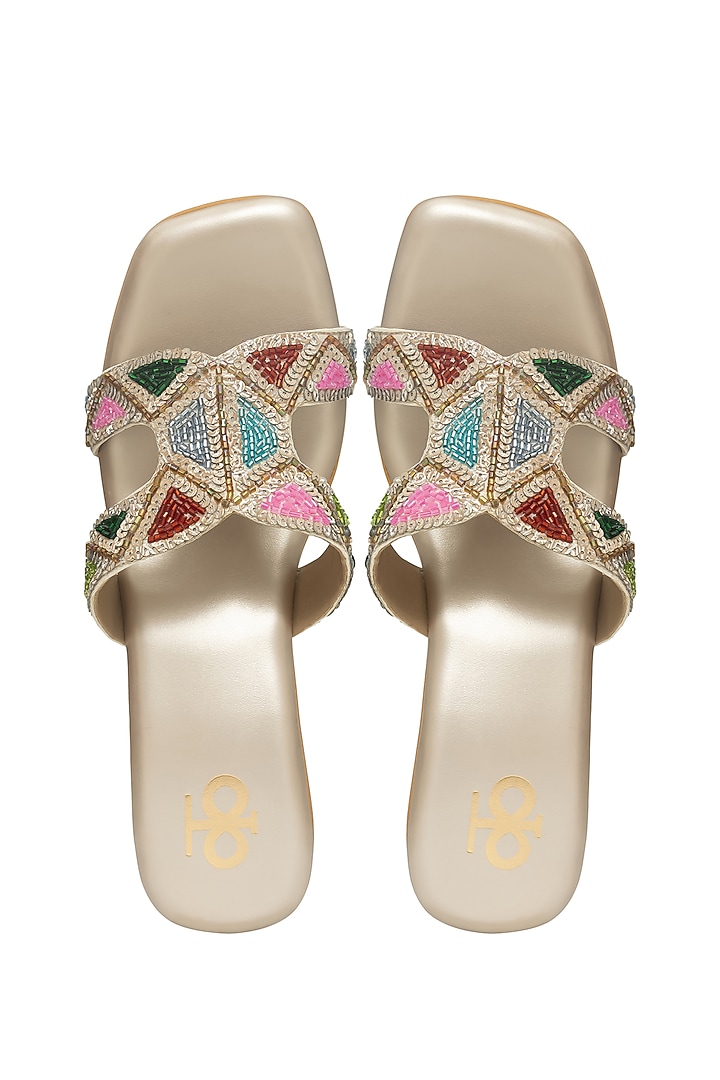 Multi-Colored Silk & Wood Bead Hand Embroidered Block Heels by Kkarma Accessories at Pernia's Pop Up Shop