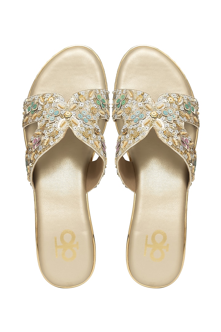 Multi-Colored Silk & Wood Sequin Embroidered Wedges by Kkarma Accessories at Pernia's Pop Up Shop