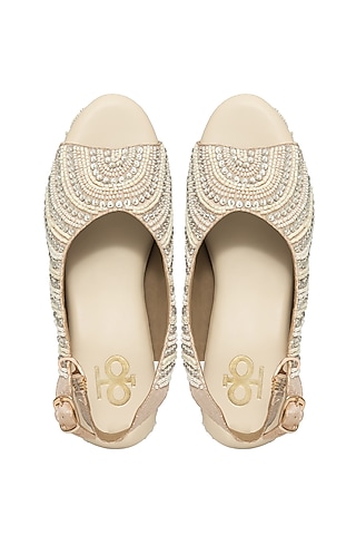 Rose Gold & White Silk Pearl Work Wedges by Kkarma Accessories