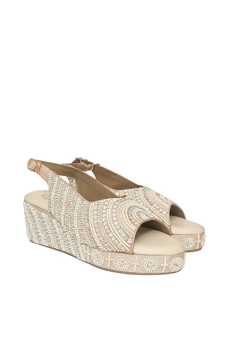 Rose Gold & White Silk Pearl Work Wedges by Kkarma Accessories at Pernia's Pop Up Shop