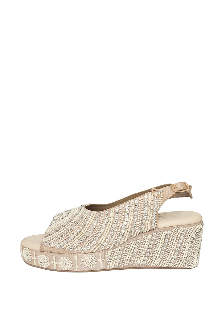 Rose Gold & White Silk Pearl Work Wedges by Kkarma Accessories at Pernia's Pop Up Shop