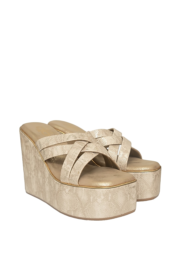 Nude Gold Silk & Wood Platform Wedges by Kkarma Accessories at Pernia's Pop Up Shop