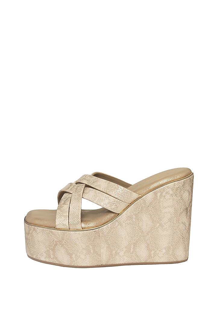 Nude Gold Silk & Wood Platform Wedges by Kkarma Accessories at Pernia's Pop Up Shop