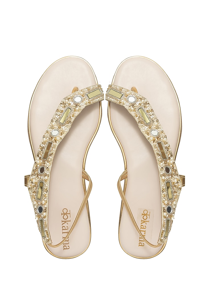 Gold Silk & Wood Strappy Flats by Kkarma Accessories at Pernia's Pop Up Shop