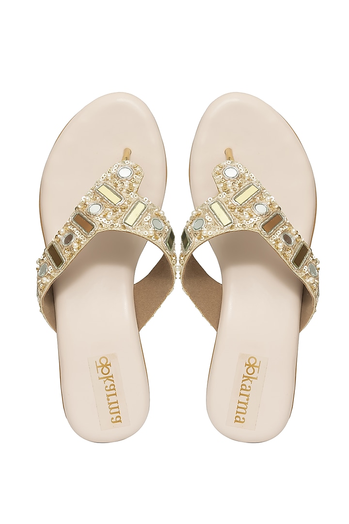 Gold Silk & Wood Mirror Work Block Heels by Kkarma Accessories at Pernia's Pop Up Shop