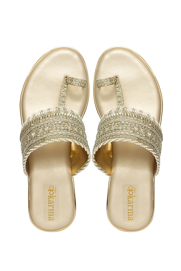 Gold Silk & Wood Thread Work Block Heels by Kkarma Accessories at Pernia's Pop Up Shop