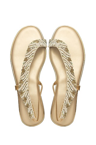 Gold Silk & Wood Sequin Embroidered Flats by Kkarma Accessories