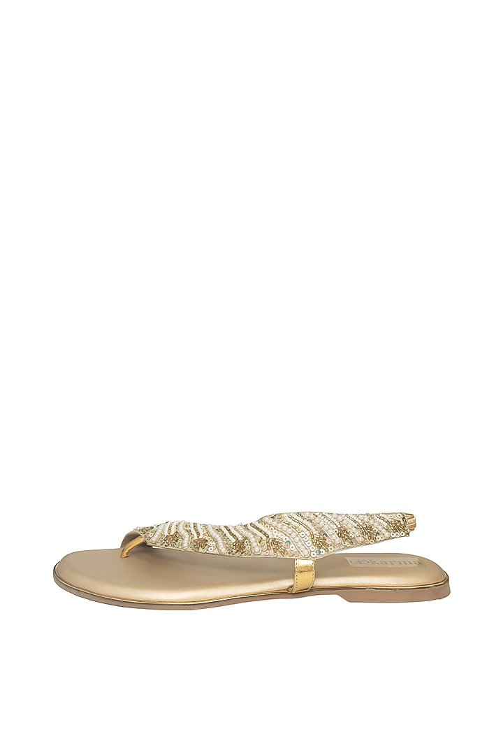 Gold Silk & Wood Sequin Embroidered Flats by Kkarma Accessories at Pernia's Pop Up Shop