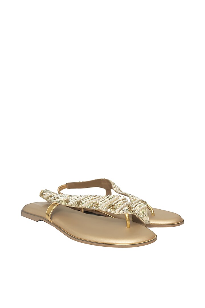 Gold Silk & Wood Sequin Embroidered Flats by Kkarma Accessories at Pernia's Pop Up Shop