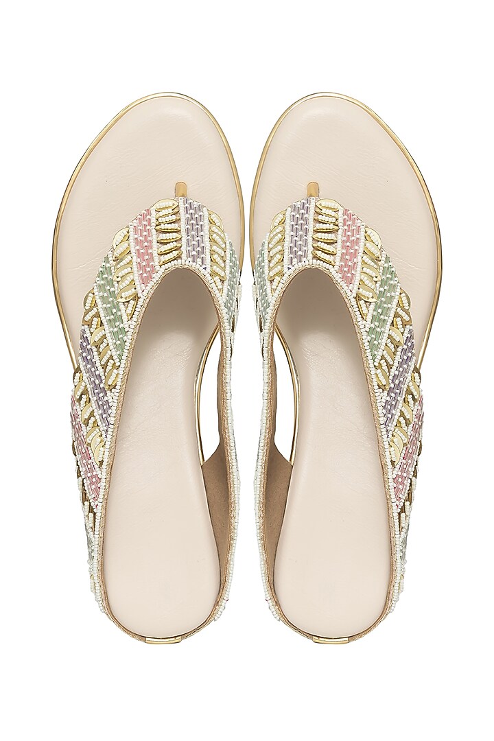 Multi-Colored Silk Pastel Bead Embroidered Platform Wedges by Kkarma Accessories at Pernia's Pop Up Shop