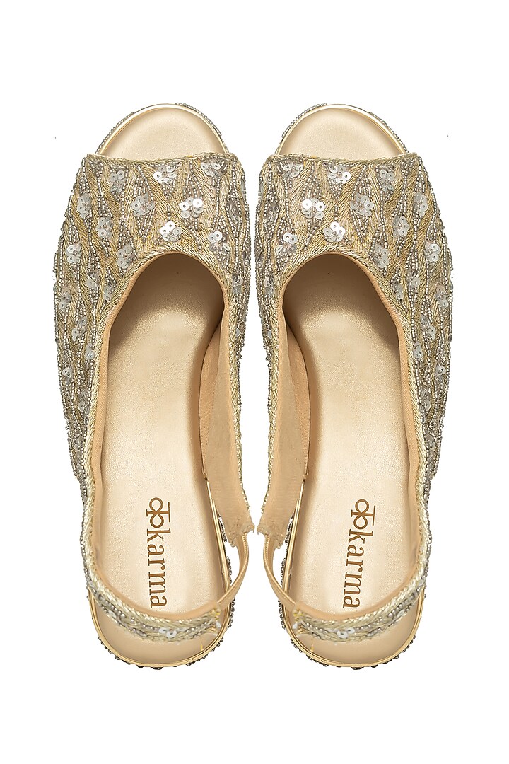 Gold Silk Sequins Embroidered Platform Wedges by Kkarma Accessories at Pernia's Pop Up Shop