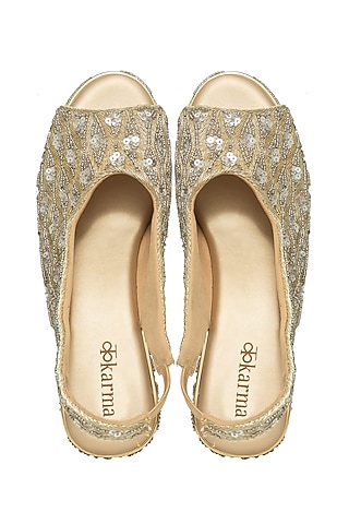 Gold Silk Sequins Embroidered Platform Wedges by Kkarma Accessories