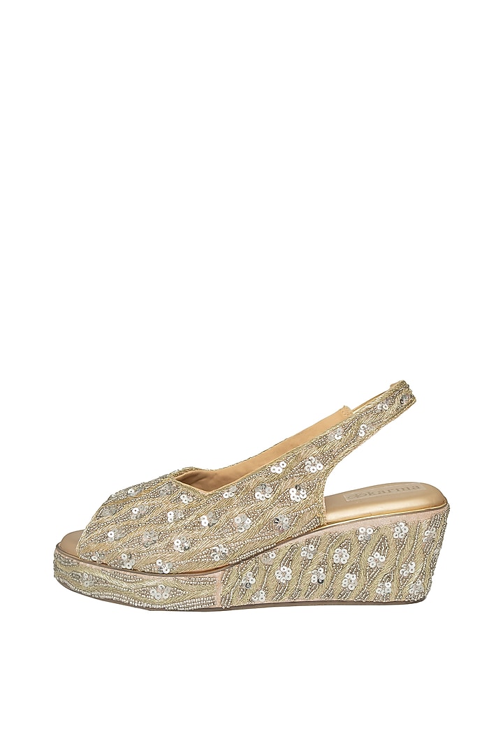 Gold Silk Sequins Embroidered Platform Wedges by Kkarma Accessories at Pernia's Pop Up Shop