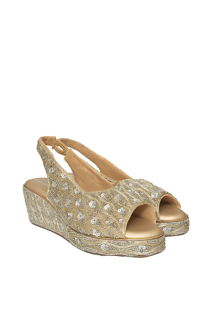 Gold Silk Sequins Embroidered Platform Wedges by Kkarma Accessories at Pernia's Pop Up Shop
