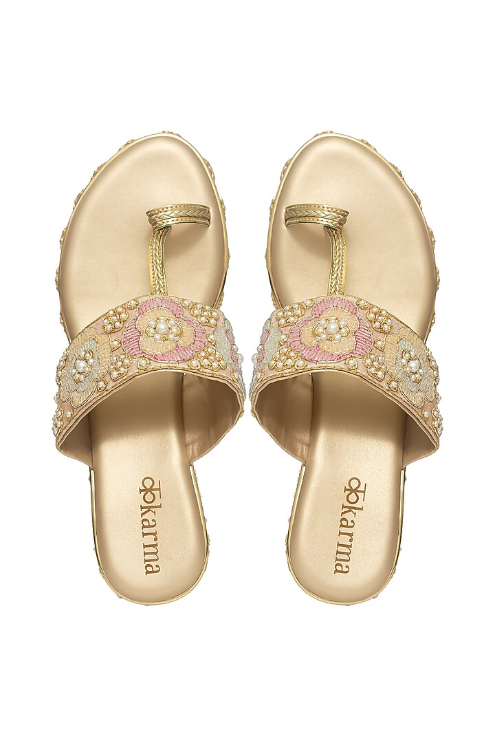 Gold Silk Pearl & Bead Embroidered Platform Wedges by Kkarma Accessories at Pernia's Pop Up Shop
