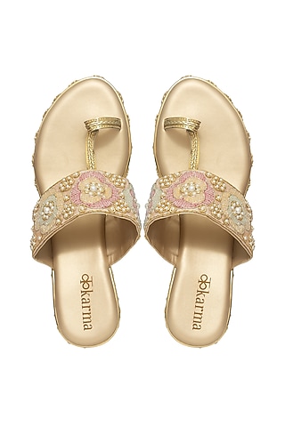 Gold Silk Pearl & Bead Embroidered Platform Wedges by Kkarma Accessories