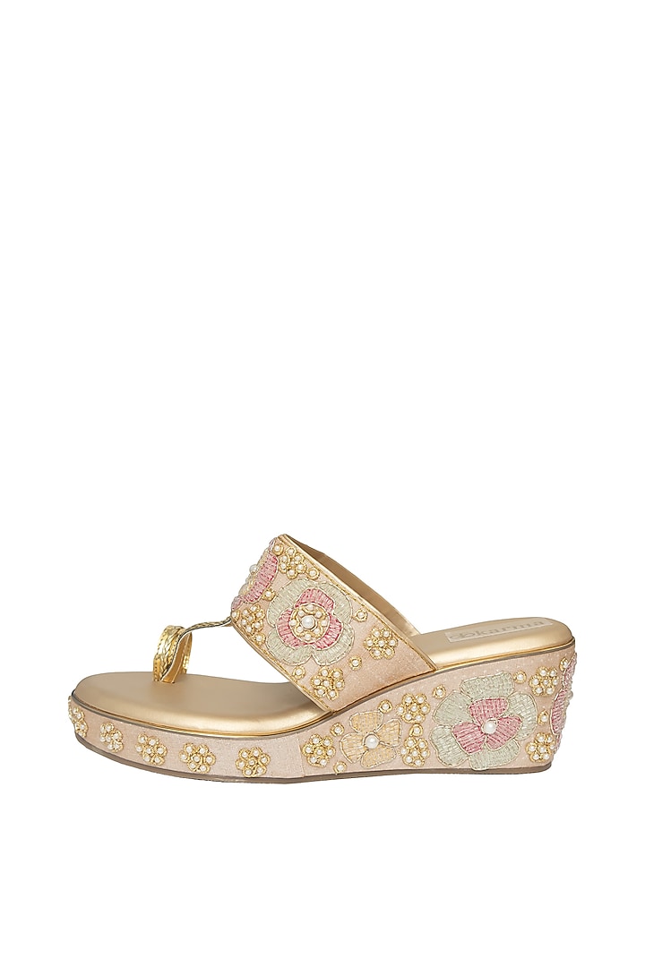 Gold Silk Pearl & Bead Embroidered Platform Wedges by Kkarma Accessories at Pernia's Pop Up Shop