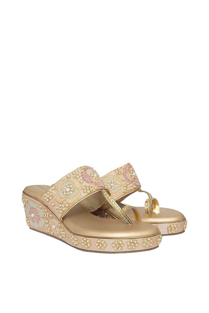 Gold Silk Pearl & Bead Embroidered Platform Wedges by Kkarma Accessories at Pernia's Pop Up Shop