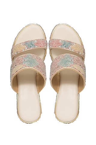 Gold Silk Bead & Sequins Embroidered Platform Wedges by Kkarma Accessories