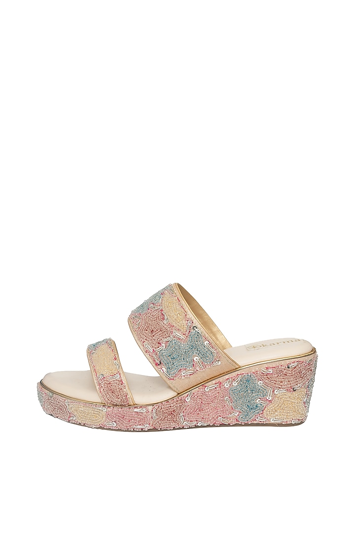 Gold Silk Bead & Sequins Embroidered Platform Wedges by Kkarma Accessories at Pernia's Pop Up Shop